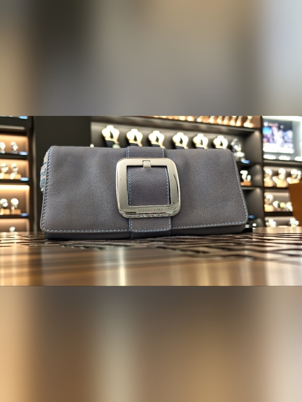 Michael Kors Leather Clutch Wallet Blue Gray Large Buckle Flap Bag